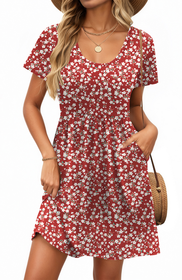 UVN Summer Dresses for Women Boho Floral Print Midi Dresses Casual Short Sleeve U Neck Beach Sundress with Pockets