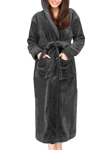 UVN Long Robes for Women Winter Plush Fleece Hooded Bathrobe Soft Cozy Fluffy Sleepwear Nightgown with Pockets