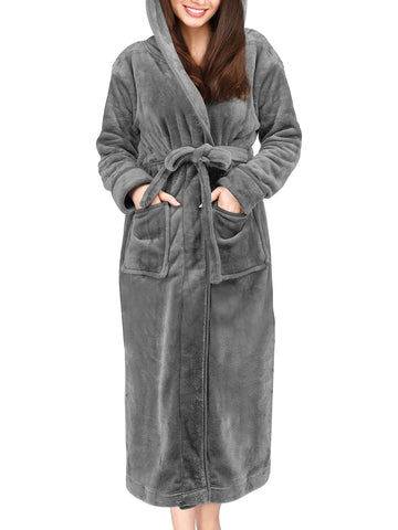 UVN Long Robes for Women Winter Plush Fleece Hooded Bathrobe Soft Cozy Fluffy Sleepwear Nightgown with Pockets