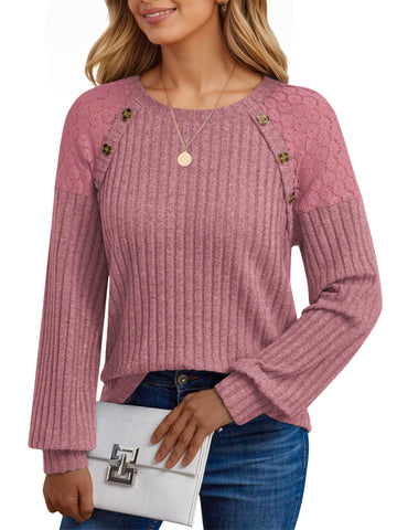 UVN Blouses for Women Casual Long Sleeve Shirts Dressy Hollow Out Lace Button Tops Fall Lightweight Pullover