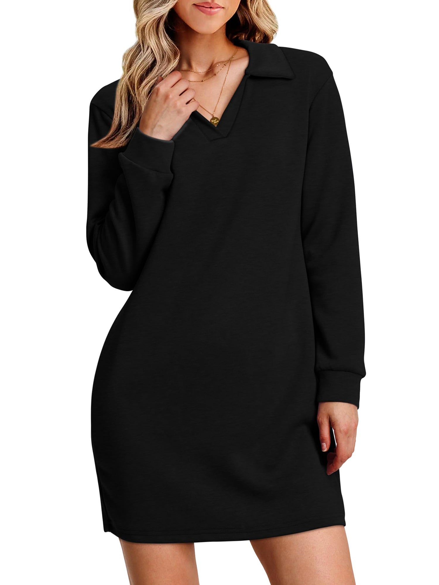 UVN Dresses for Women Long Sleeve Lapel Neck Dress Fall Casual Sweatshirt Dresses