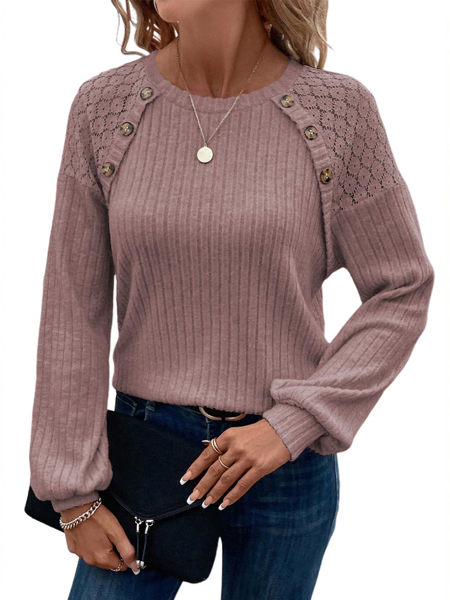 UVN Blouses for Women Casual Long Sleeve Shirts Dressy Hollow Out Lace Button Tops Fall Lightweight Pullover