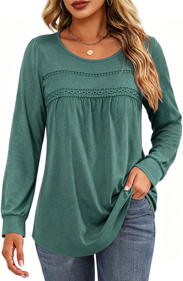 UVN Blouses for Women Long Sleeve Crochet Shirts Ladies Fall Casual Crew Neck Tunic Tops