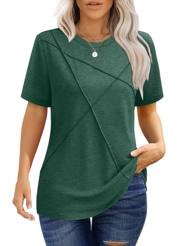 UVN Blouses for Women Summer Short Sleeve Shirts Casual Crew Neck Pleated Tunic Tops