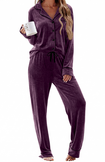 UVN Velvet Pajama Sets for Women Winter Long Sleeve Button Top and Womens Drawstring Pant Sleepwear with Pockets