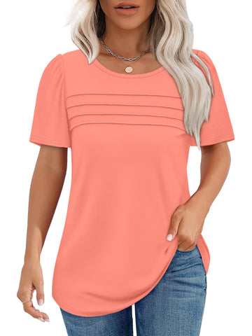 UVN Short Sleeve Blouse for Women Summer Dressy Casual Crewneck Shirt Pleated Tunic Tops