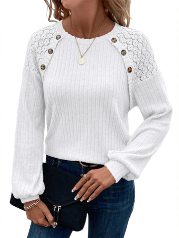 UVN Blouses for Women Casual Long Sleeve Shirts Dressy Hollow Out Lace Button Tops Fall Lightweight Pullover