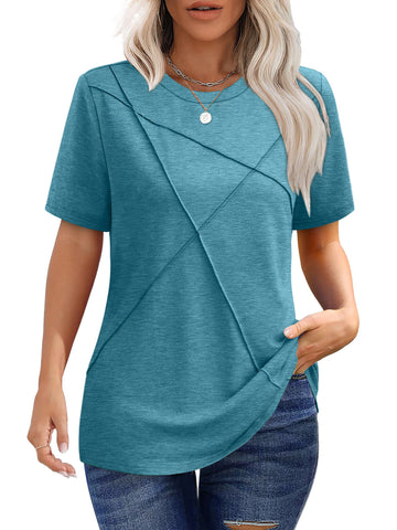 UVN Blouses for Women Summer Short Sleeve Shirts Casual Crew Neck Pleated Tunic Tops