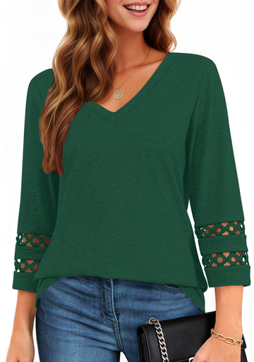 UVN Summer Tops for Women V Neck 3/4 Sleeve Tunic Blouses Ladies Casual Hollow Out Trendy T Shirts