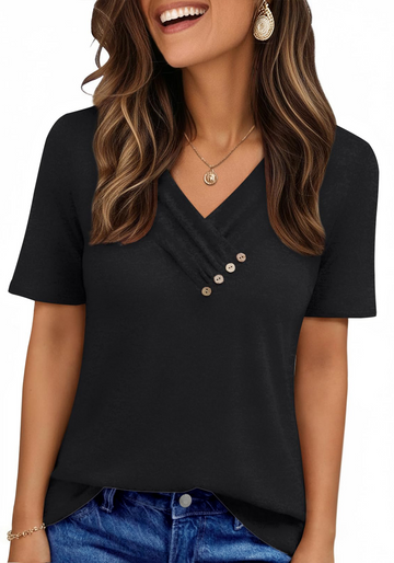 UVN Blouses for Women Summer Short Sleeve V Neck Button Shirts Dressy Casual Business Tunic Tops