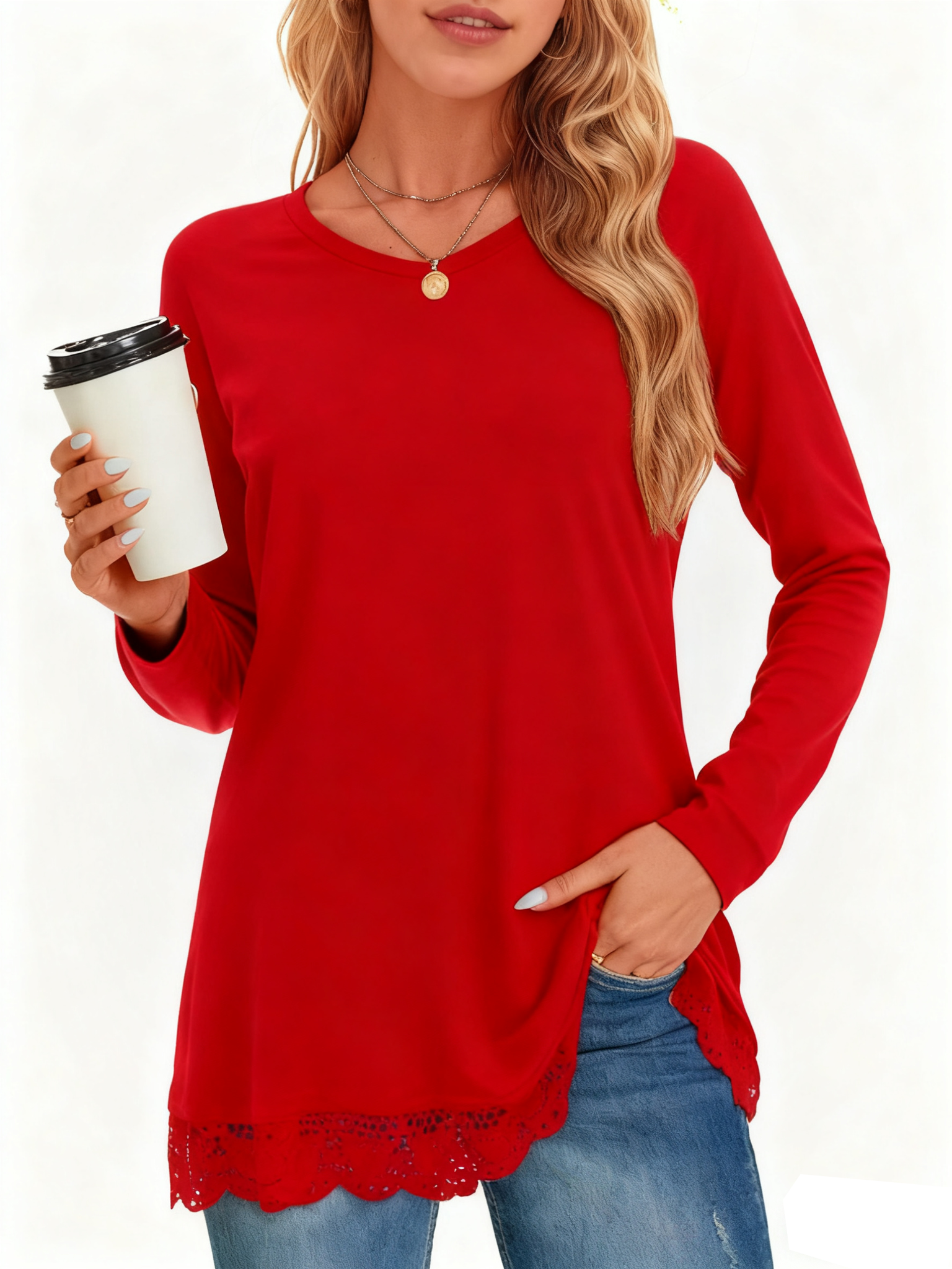 UVN Fall Tops for Women Long Sleeve Lace Trim V Neck Blouses Dressy Casual A Line Tunic Shirts