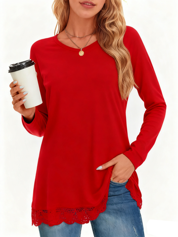 UVN Fall Tops for Women Long Sleeve Lace Trim V Neck Blouses Dressy Casual A Line Tunic Shirts