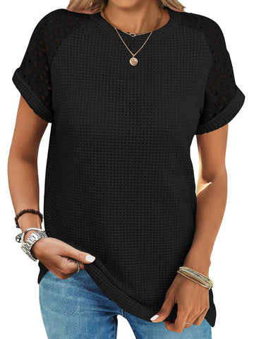 UVN Summer Blouses for Women Short Sleeve Crewneck Dressy Shirts Ladies Casual Waffle Knit Hollow Out Tunic Tops