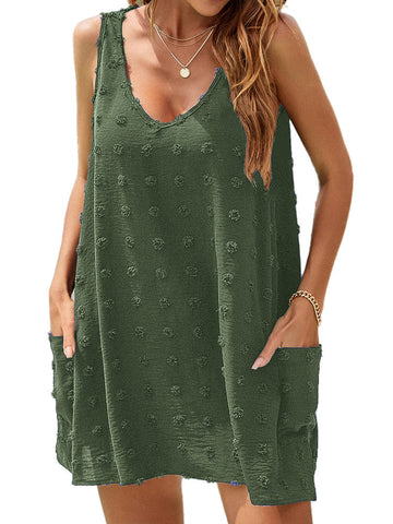 UVN Summer Swimsuit Coverups for Women Bathing Suit Ladies Pom Pom Beach V Neck Tank Dress with Pockets