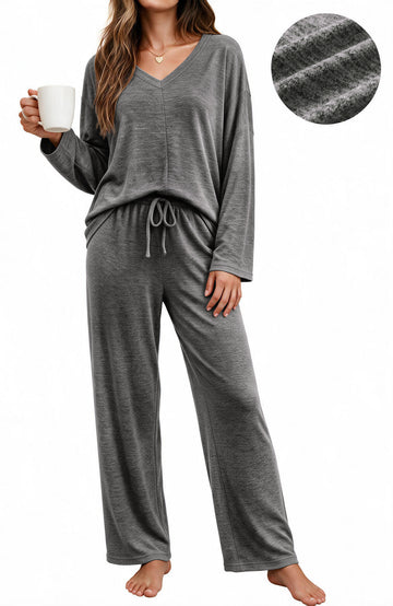 UVN Fall Womens Pajama Set 2 Piece Long Sleeve V Neck Top and Wide Leg Pant Ladies Soft Matching Lounge Set with Pockets