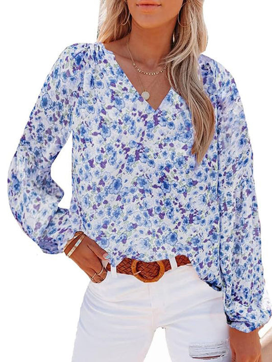 UVN Floral Print Blouses for Women V Neck Long Sleeve Shirts Boho Casual Ladies Tops