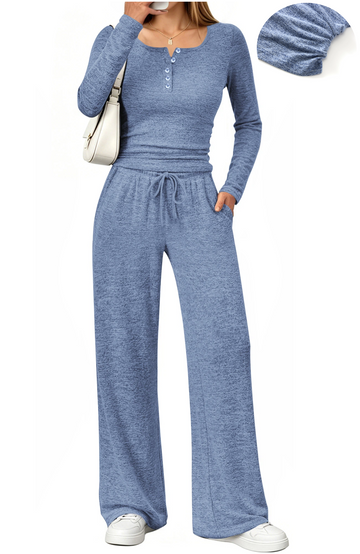 UVN Two Piece Sets for Women Fall Long Sleeve Ruched Tops and Wide Leg Pants Outfits Ladies Fashion Casual Lounge Sets