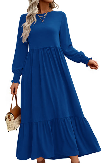 UVN Fall Long Dress for Women Crewneck Casual Long Sleeve Pleated Dresses with Pockets