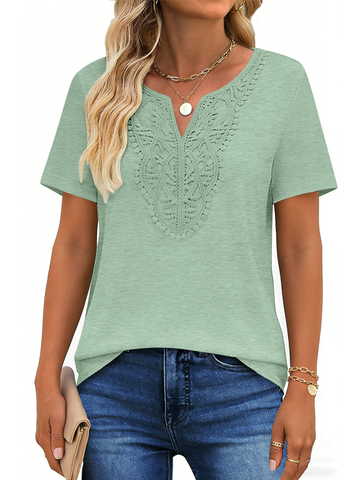 UVN Blouses for Women Summer Short Sleeve V Neck Lace Shirts Dressy Casual Boho Tunic Tops