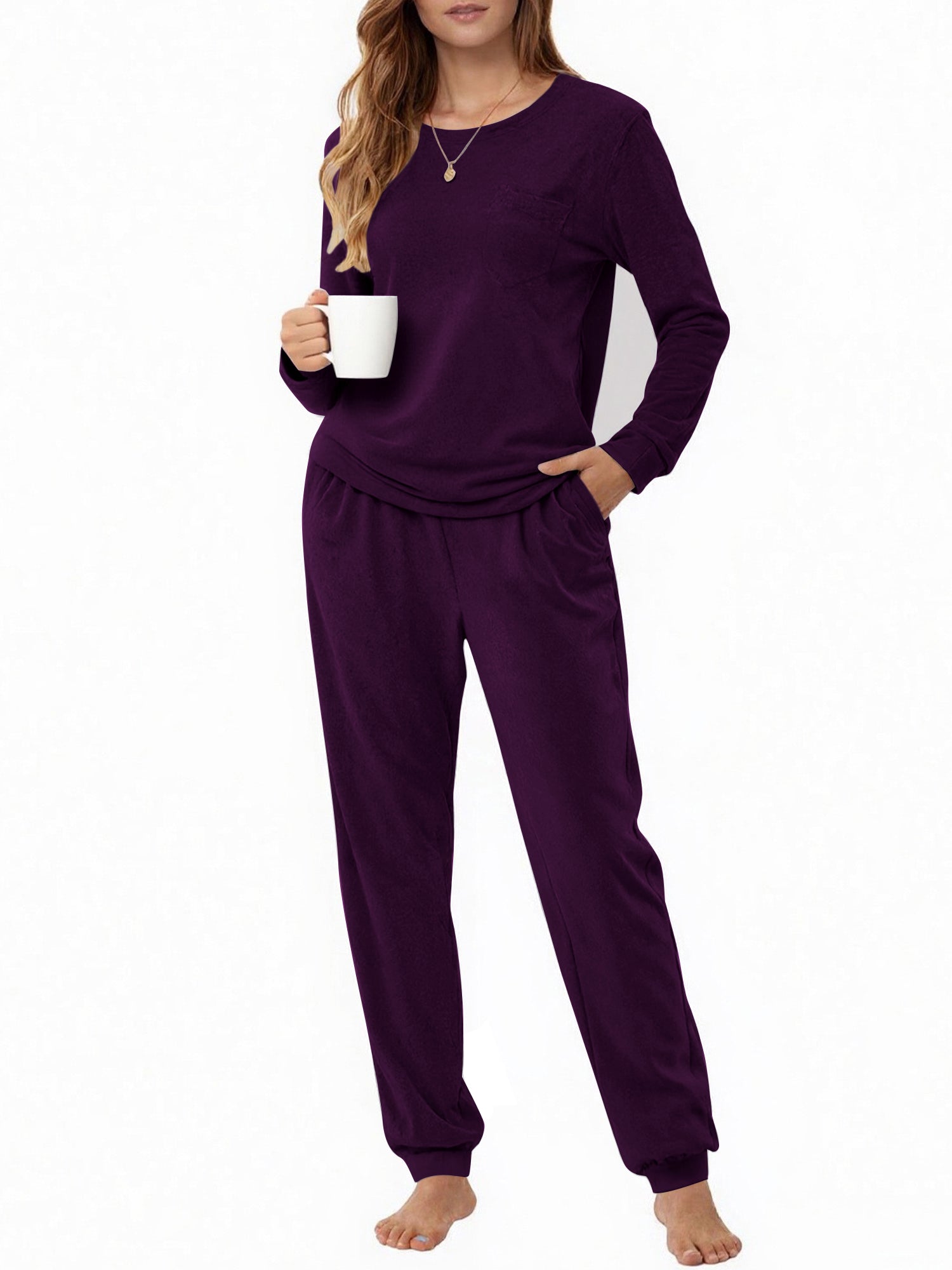 UVN Womens Velvet Pajamas Sets Winter 2 Piece Outfits Ladies Fleece Long Sleeve Sleepwear with Pockets