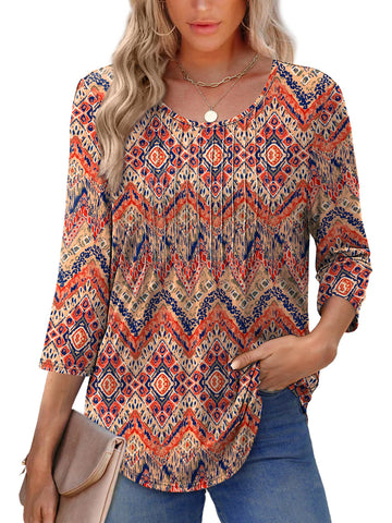 UVN Women Summer Blouses 3/4 Sleeves Loose Fit Shirts Ladies Pleated Crew Neck Tunic Tops