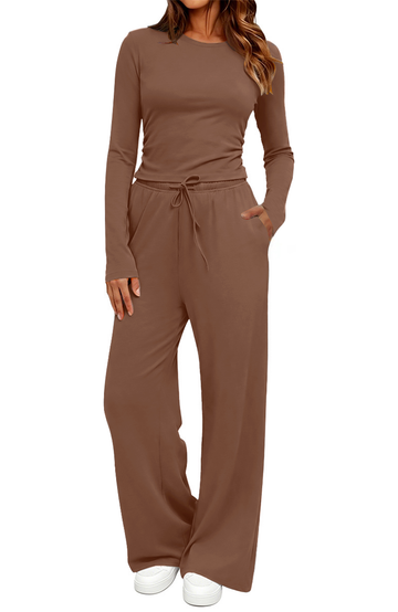 UVN Winter Womens 2 Piece Outfit Sets Ruched Long Sleeve Top and Wide Leg Pants Casual Loungewear Ladies Workout Sets