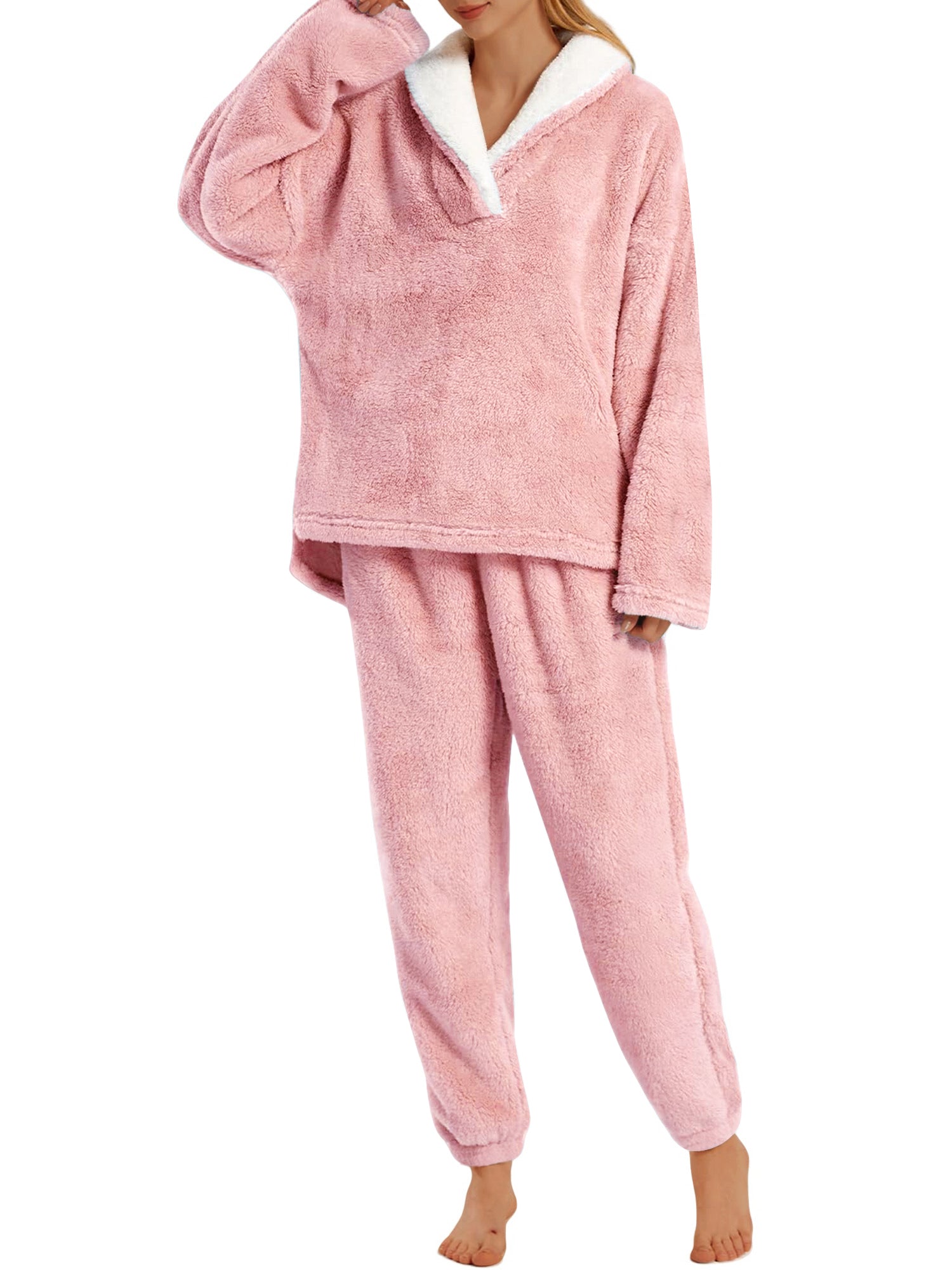 UVN Winter Pajamas for Women Fuzzy Loungewear Sets Ladies Fleece Long Sleeve Tops and Long Pants 2 Piece Sleepwear