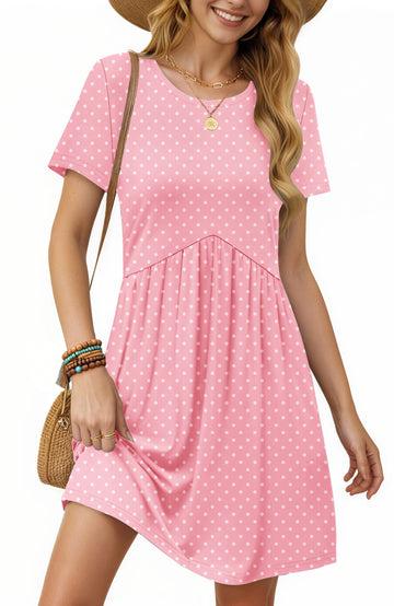 UVN Summer Dresses for Women Short Sleeve Pleated Midi Dress Casual Tunic Dresses with Pockets