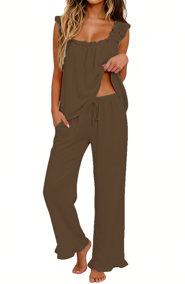 UVN Pajamas for Women 2 Piece Ruffle Strap Tops and Long Pants Ladies Casual Sleepwear Fall Lounge Pajama Sets