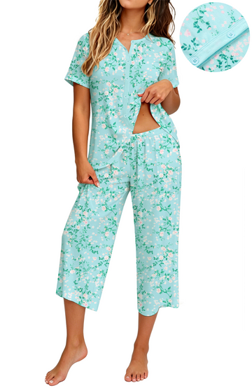 UVN Womens Pajama Sets Short Sleeve Button Down Tops and Capri Pants 2 Piece Outfit Soft Pjs Sleepwear Loungewear with Pockets