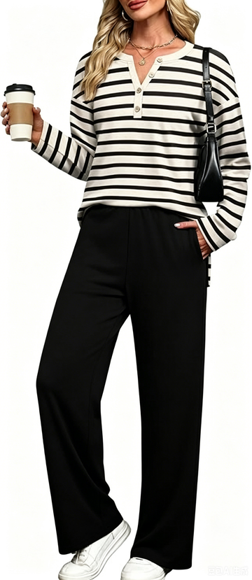 UVN Two Piece Outfits Sets for Women Casual Color Block Striped Sweatsuits Long Sleeve V Neck Button Henley Shirts Wide Leg Pants Tracksuits Travel Lounge Matching Sets with Pockets