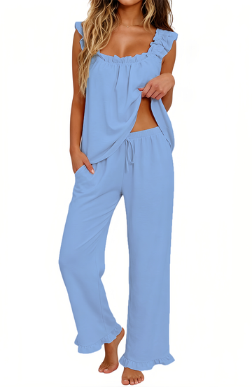 UVN Pajamas for Women 2 Piece Ruffle Strap Tops and Drawstring Long Pants Ladies Casual Sleepwear Lounge Pajama Sets with Pockets