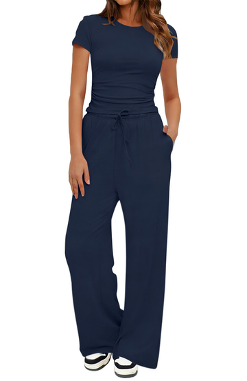 UVN Summer 2 Piece Outfit Set for Women Ruched Short Sleeve Tops and Wide Leg Pants with Pockets Casual Tracksuit Sets Ladies Loungewear