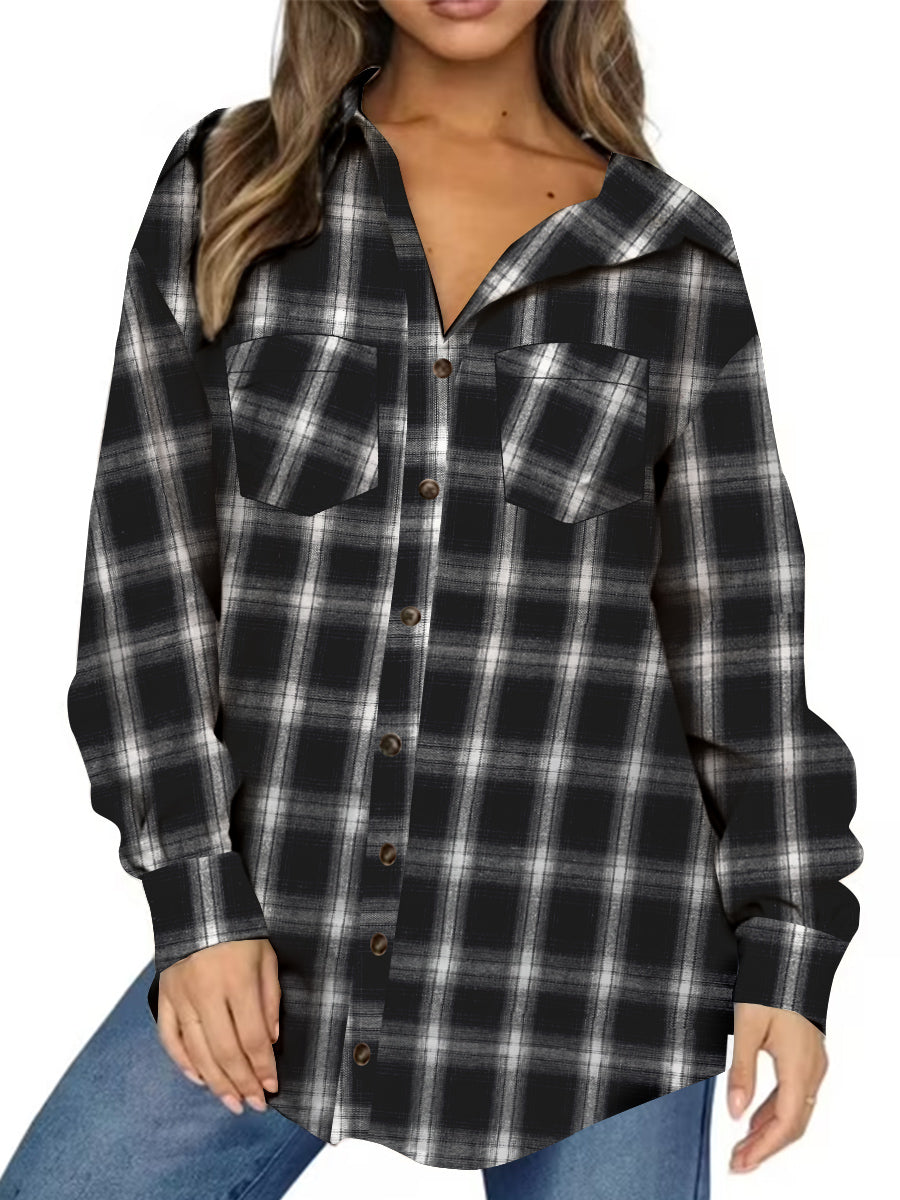 UVN Plaid Shirt for Women Oversized Flannel Long Sleeve Shirts Casual Button Down Blouse Tops with Pockets