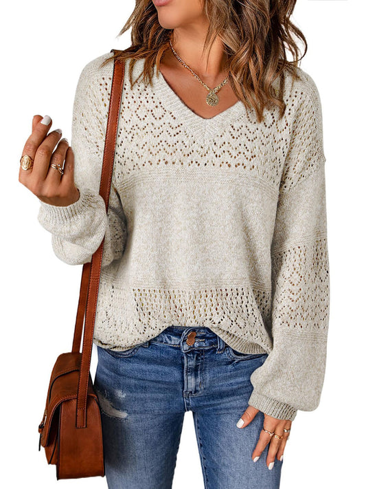 UVN Sweaters for Women Casual V Neck Long Sleeve Pullover Winter Lightweight Crochet Hollow Out Knit Jumper