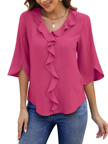 UVN Chiffon Blouses for Women Dressy Ruffle V Neck Tops Summer Casual 3/4 Sleeve Shirts