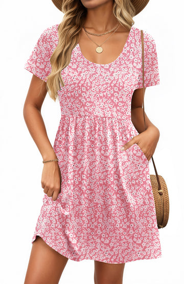 UVN Summer Dresses for Women Boho Floral Print Midi Dresses Casual Short Sleeve U Neck Beach Sundress with Pockets