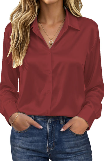 UVN Shirts for Women Long Sleeve Satin Blouses Button Down Ladies Casual Top