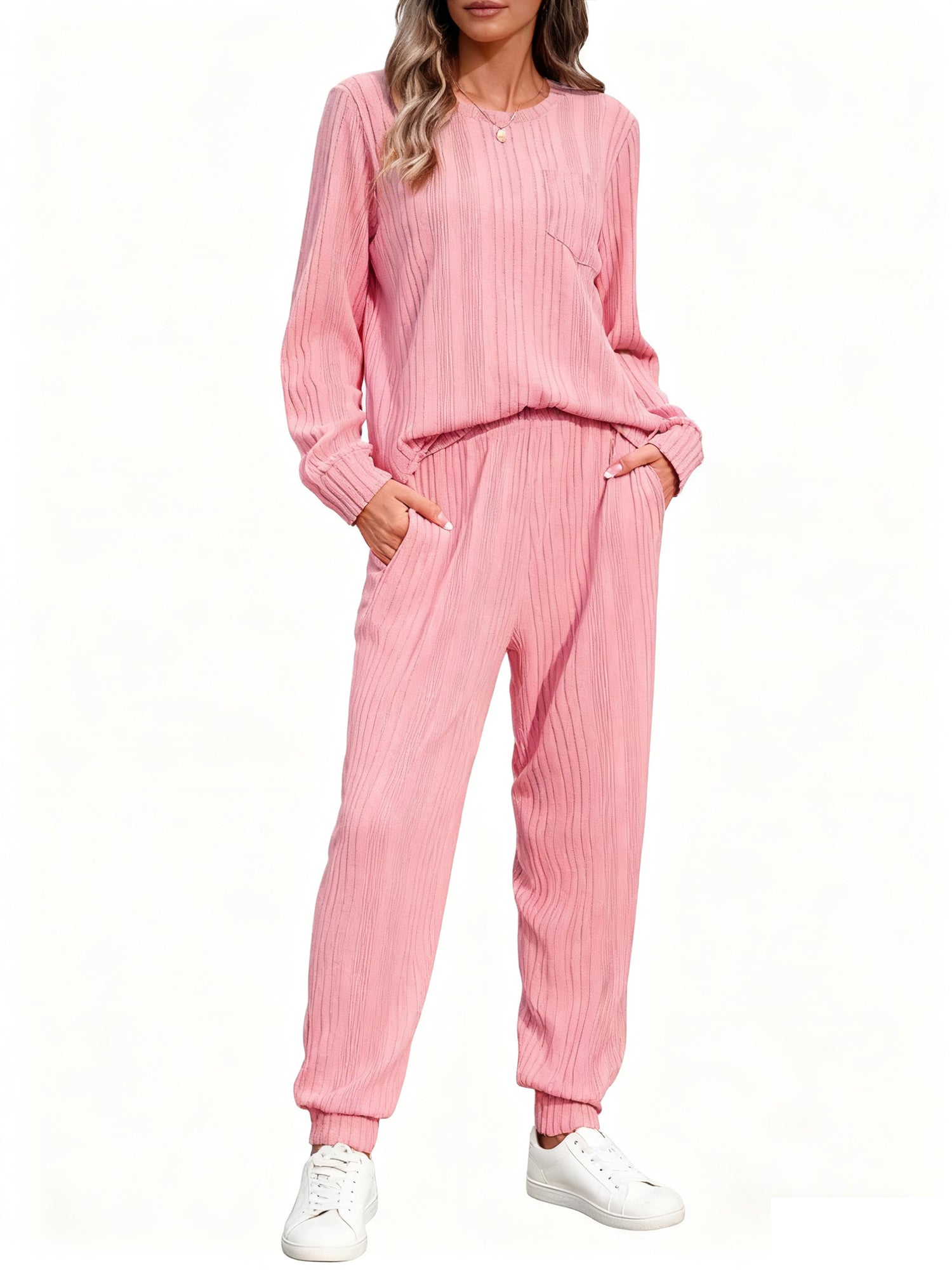 UVN Two Piece Sets for Women Casual Outfits Sets Textured Long Sleeve Shirts and Long Pants Lounge Set Fall Pajama Sets with Pockets