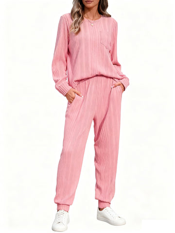 UVN Two Piece Sets for Women Casual Outfits Sets Textured Long Sleeve Shirts and Long Pants Lounge Set Fall Pajama Sets with Pockets