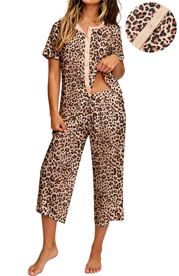 UVN Womens Pajama Sets Short Sleeve Button Down Tops and Capri Pants 2 Piece Outfit Soft Pjs Sleepwear Loungewear with Pockets