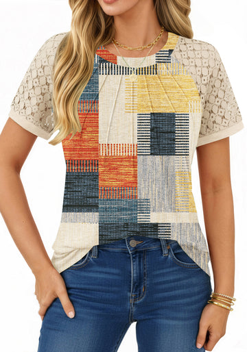UVN Blouses for Women Short Sleeve Lace Tops Summer Casual Crewneck Pleated Shirts