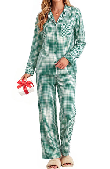 UVN Womens Cotton 2 Piece Pajama Set Fall Gingham Button up Top and Long Pant Casual Ladies Plaid Loungewear