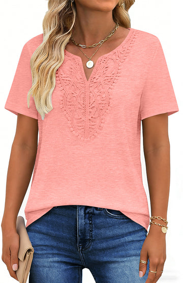 UVN Blouses for Women Summer Short Sleeve V Neck Lace Shirts Dressy Casual Boho Tunic Tops