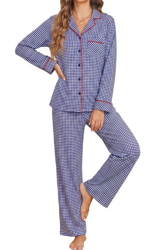 UVN Womens 2 Piece Pajama Set Fall Gingham Button up Top and Long Pant Casual Ladies Plaid Loungewear Set with Pockets