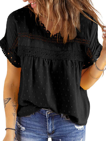 UVN Summer Womens Blouse Shirts Crewneck Lace Crochet Tops Short Sleeve Shirts Casual Chiffon Blouses