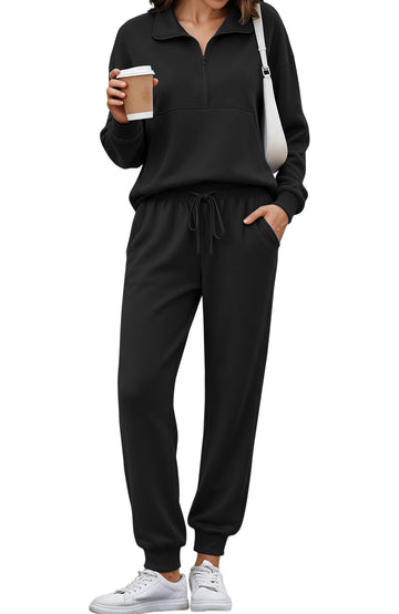 UVN 2 Piece Outfits Sets for Women Winter Half Zip Sweatsuits Long Sleeve Jogger Suit Ladies Casual Tracksuit