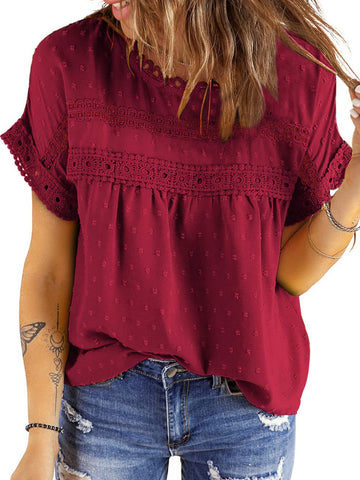 UVN Summer Womens Blouse Shirts Crewneck Lace Crochet Tops Short Sleeve Shirts Casual Chiffon Blouses