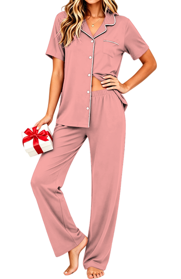 UVN Pajamas for Women Notch Collar Short Sleeve Top and Long Pant Ladies Soft Button up Sleepwear with Pockets