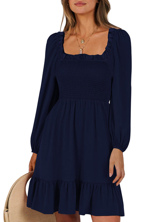 UVN Dresses for Women Casual Long Sleeve Square Neck Dress Ruffle Pleated Flowy Midi Dress